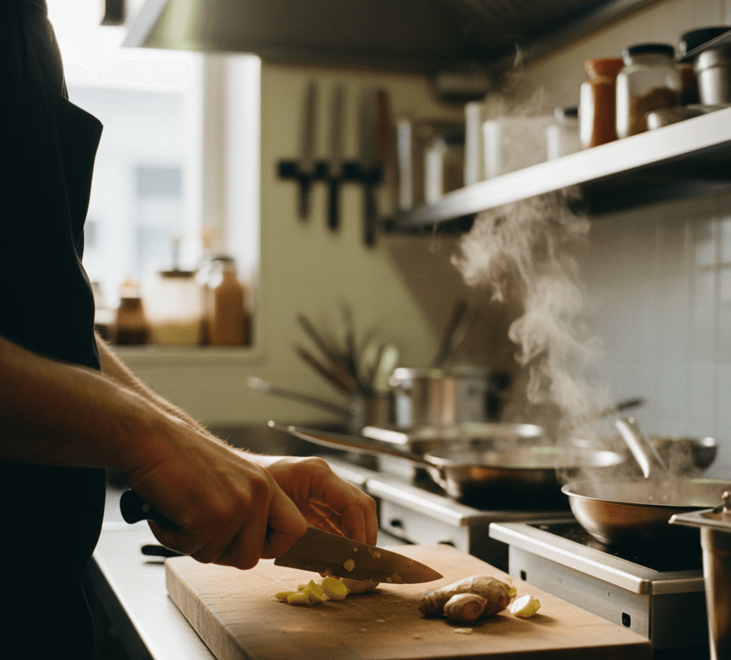 Preparing fresh ingredients in a UK takeaway kitchen